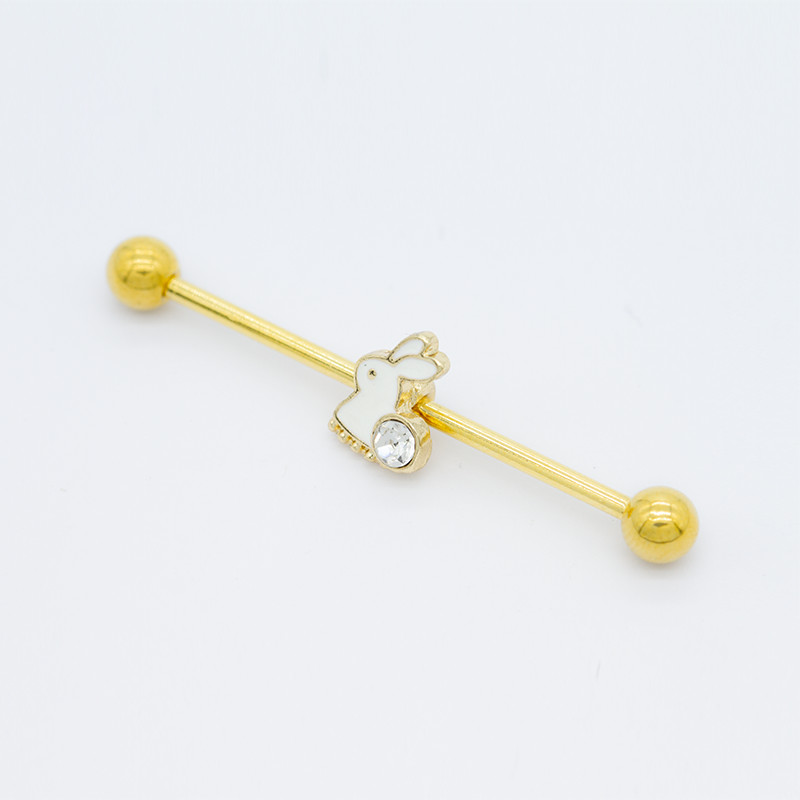 Gold Plated Cute Industrial Piercing Earrings Crystal Rabbit Pendant 38mm