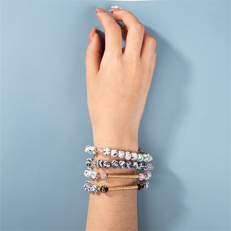 Zebra Stripe Silica Beads Gold Metal Bar Handmade Stretchy Bracelet Set Mulit Color