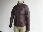 Burgundy Pu Leather Coat / Biker Jacket With Triple Stitching Tw77492