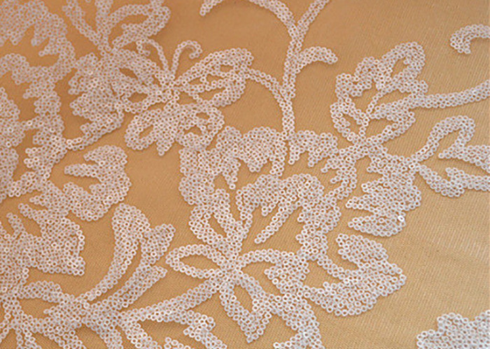 Embroidered Floral Sequin Netting Fabric , Sequin Tulle Fabric For Ivory Wedding Dresses