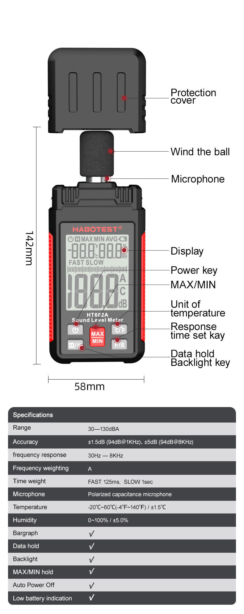 HT602A Sound Level Meter Digital Handheld DB Meter Sonometros Noise Audio Level Meter 30-130dB Decibels Mini Sound Meter