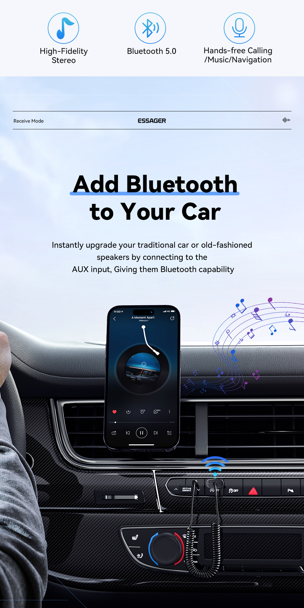 Essager EB01 Series 3.5mm Jack To Blue Tooth Receiver Audio Bluetooth Adapter 10m