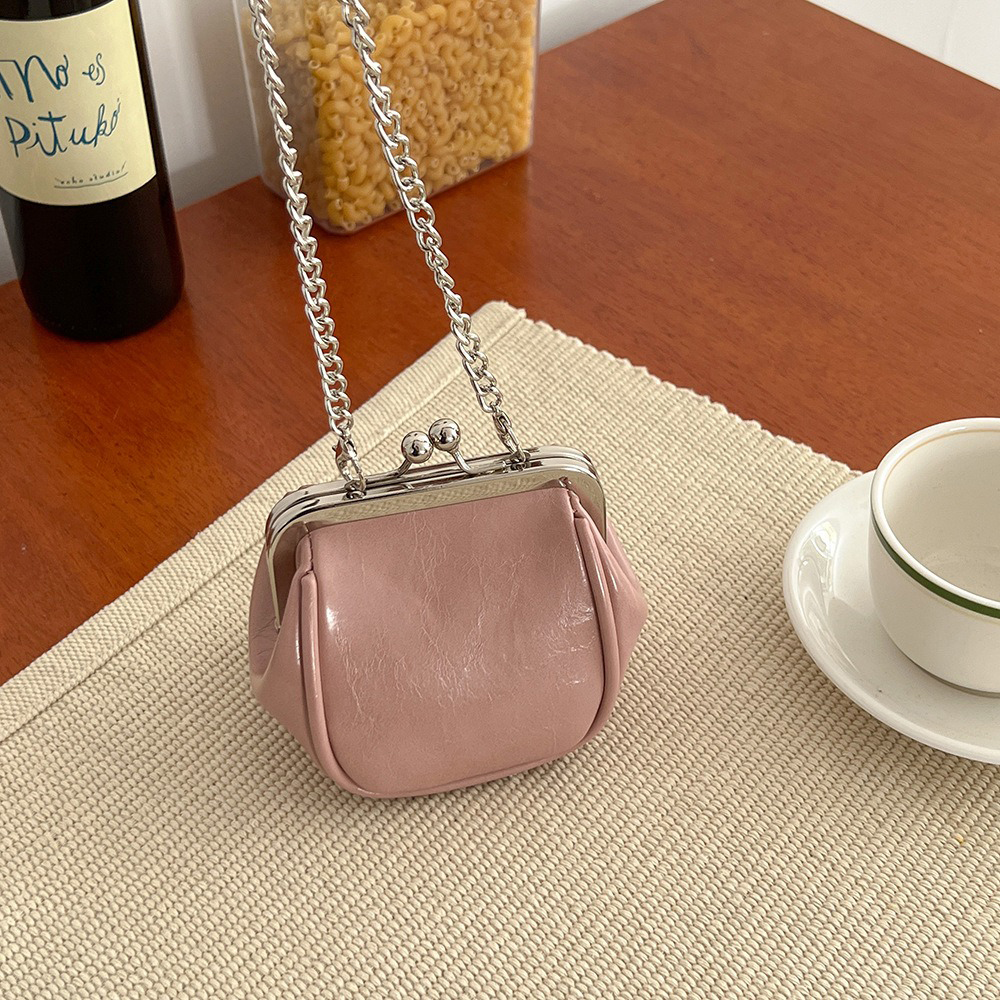 Portable Genuine Leather Mini Coin Purse Keychain Shoulder Bag with Chain Sling