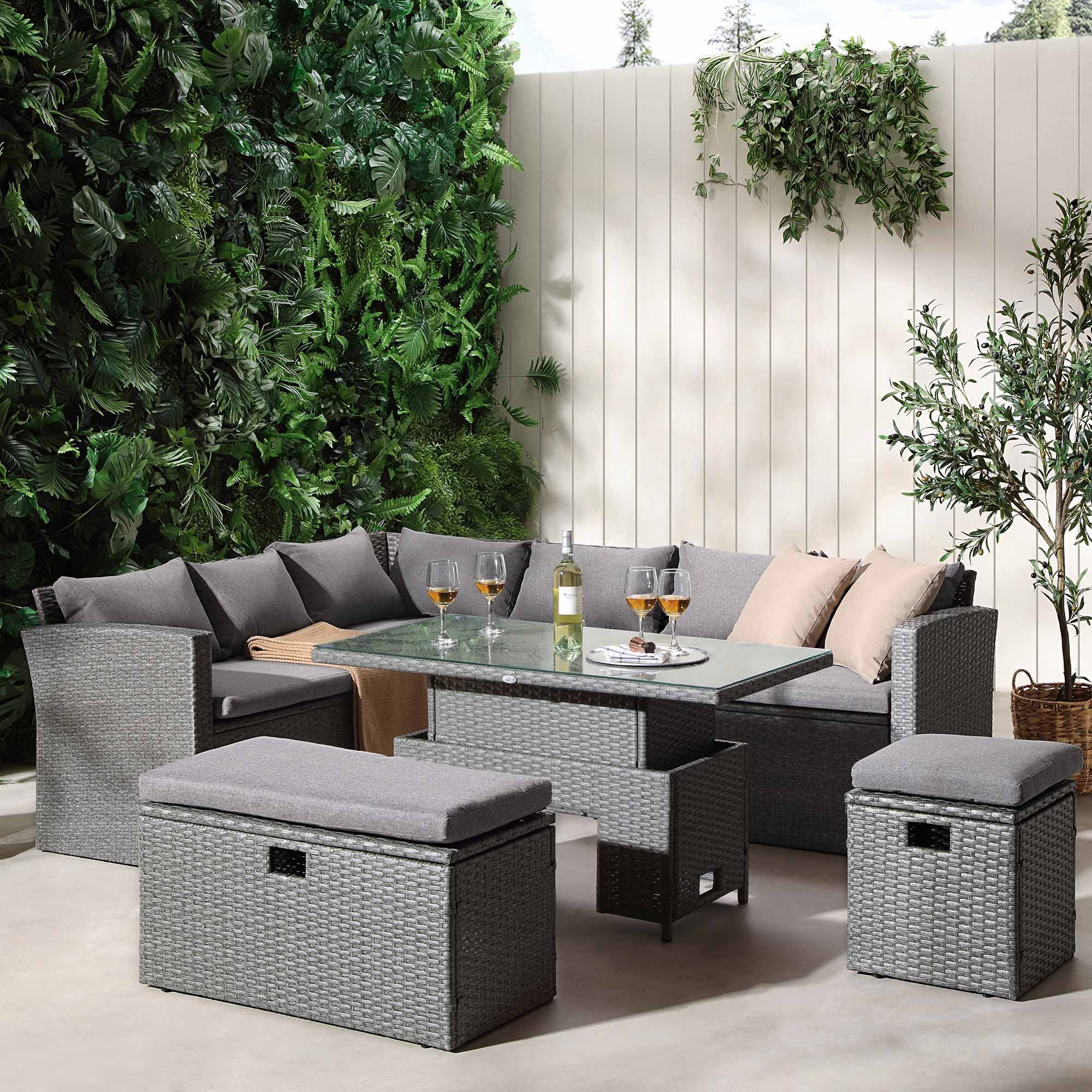 Rectangular Corner Dining Sofa Set with Rising Table AJUNION Rattan Garden Furniture