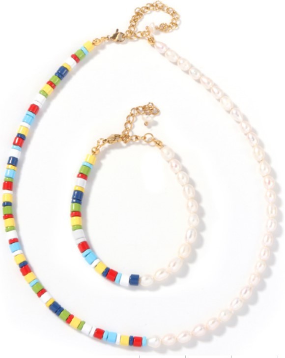 5-6mm Freshwater Pearl Bracelet , rainbow colored Enamel Bead Bracelet