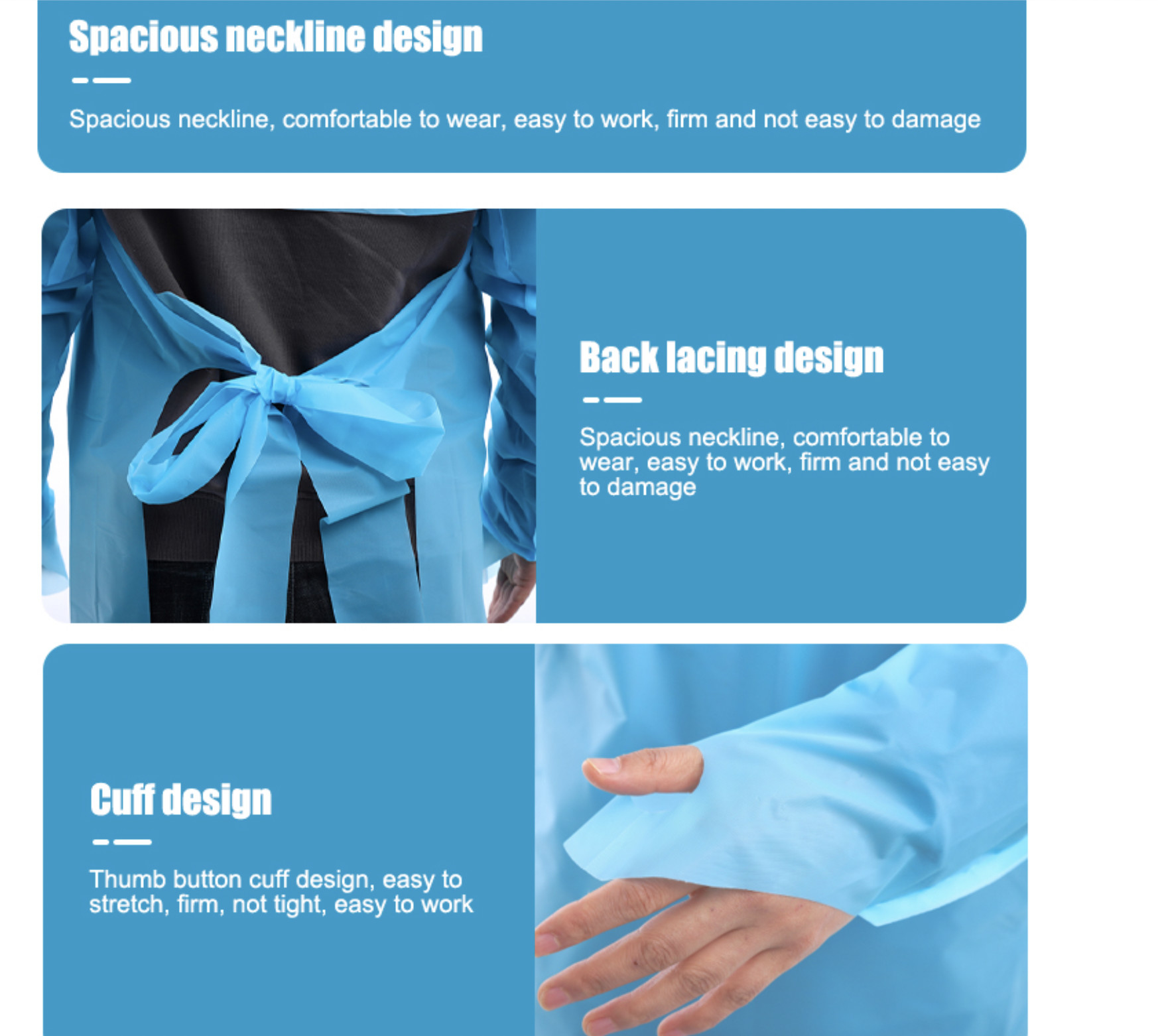 "Thumb Loop CPE Gowns with Tie Closure for Hospitals & Medical Institutions"