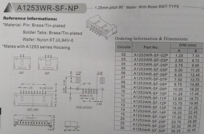 1.25mm Pitch right angle Wafer Connector, DF14 wire connector, side entry type shrouded header