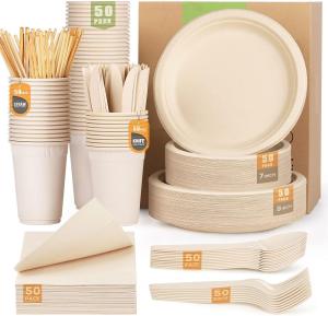 China 100% biodegradable Paper Tableware Sugarcane Bagasse Disposable Plates Sets Dinnerware wholesale