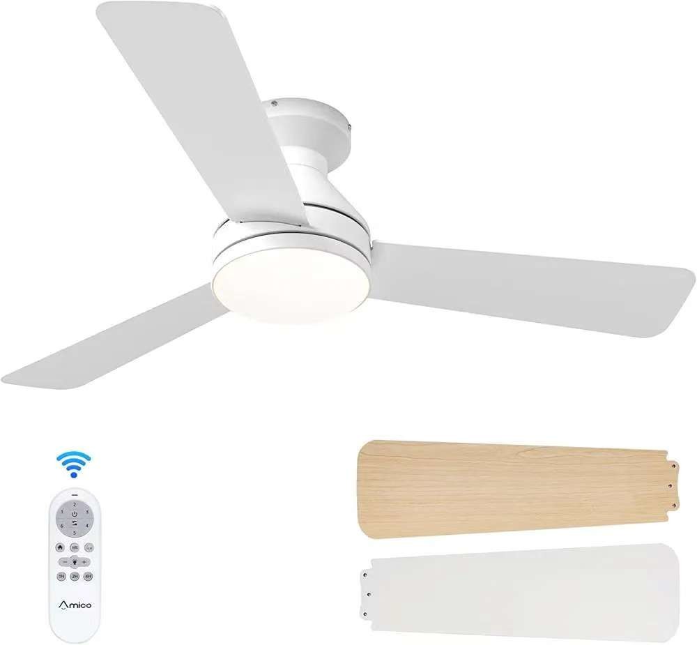 Ceiling Fans with Lights, 42 inch Low Profile Ceiling Fan with Light and Remote Control, Flush Mount, Reversible, 3CCT, Dimmable, Noiseless, White