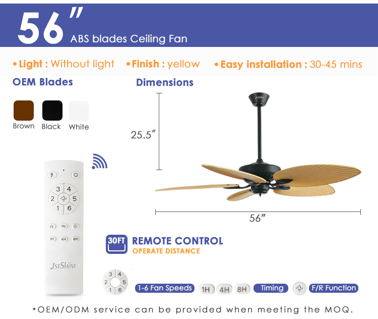 56" 1stshine Ceiling Fan with Remote and Big Airflow Plastic Blades Simple Design