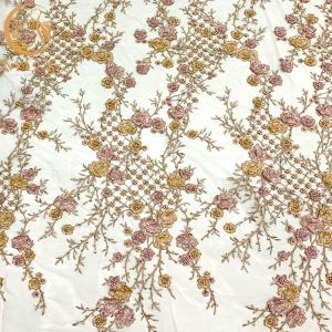 China 3D Beaded Sequined Embroidery Lace Fabric Gold Thread Sewing Pattern wholesale