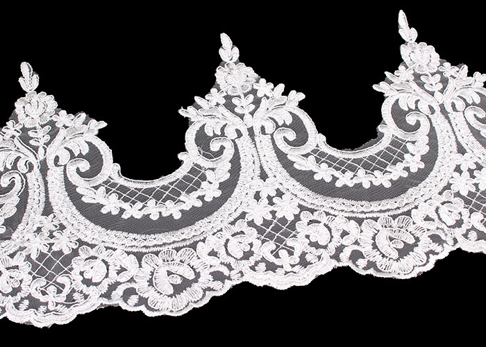 Custom Floral Applique Embroidered Lace Trim Polyester On Nylon Mesh