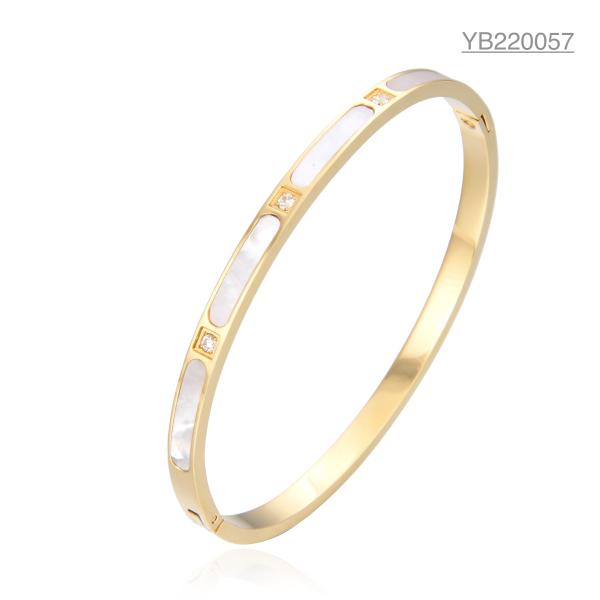 Classic White Rhinestone Enamel Gold Bracelet Stainless Steel Luxury Bangle