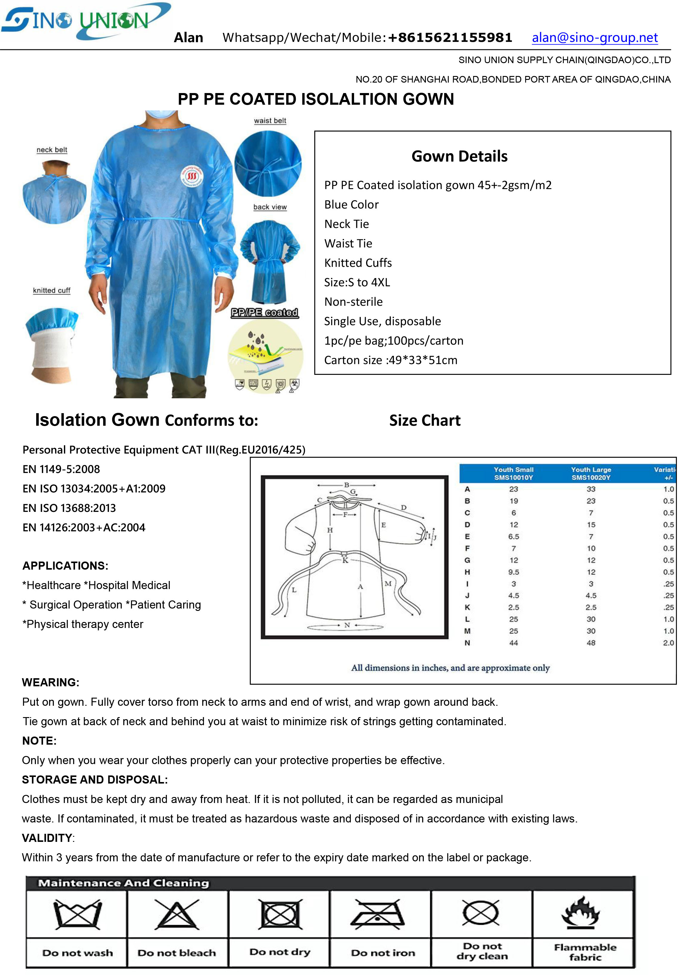Non Woven PP PE Coated Yellow Disposable Isolation Gown Surgical For Hospital