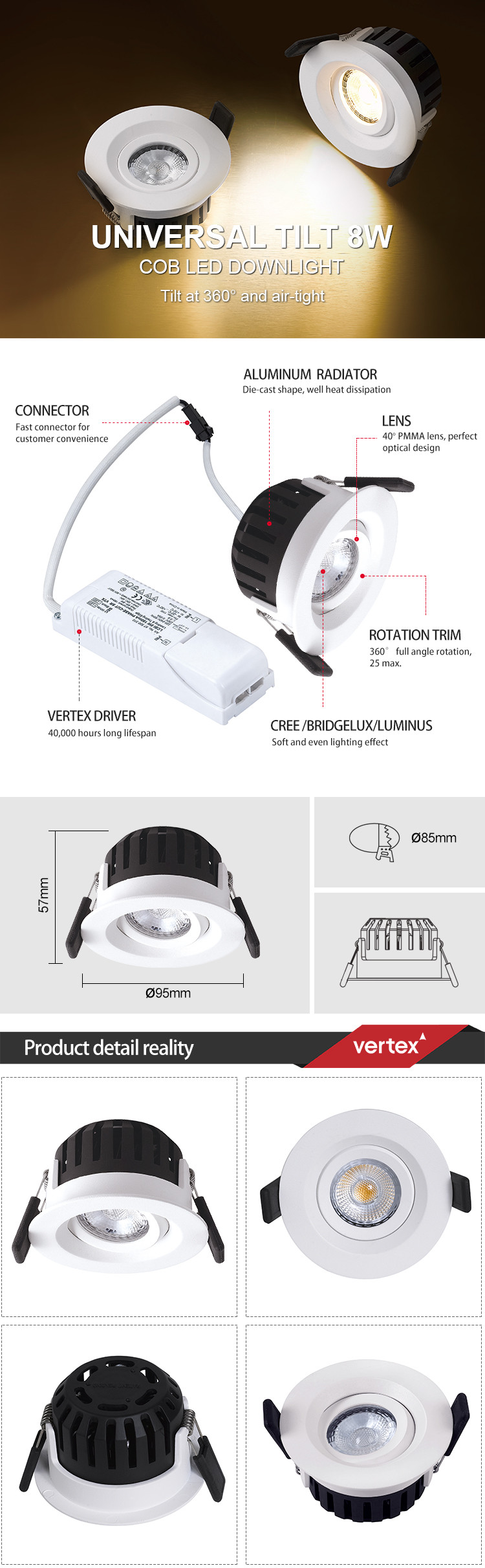 Adjustable Ceiling 8W Dimmable LED Downlights Brush Nickel