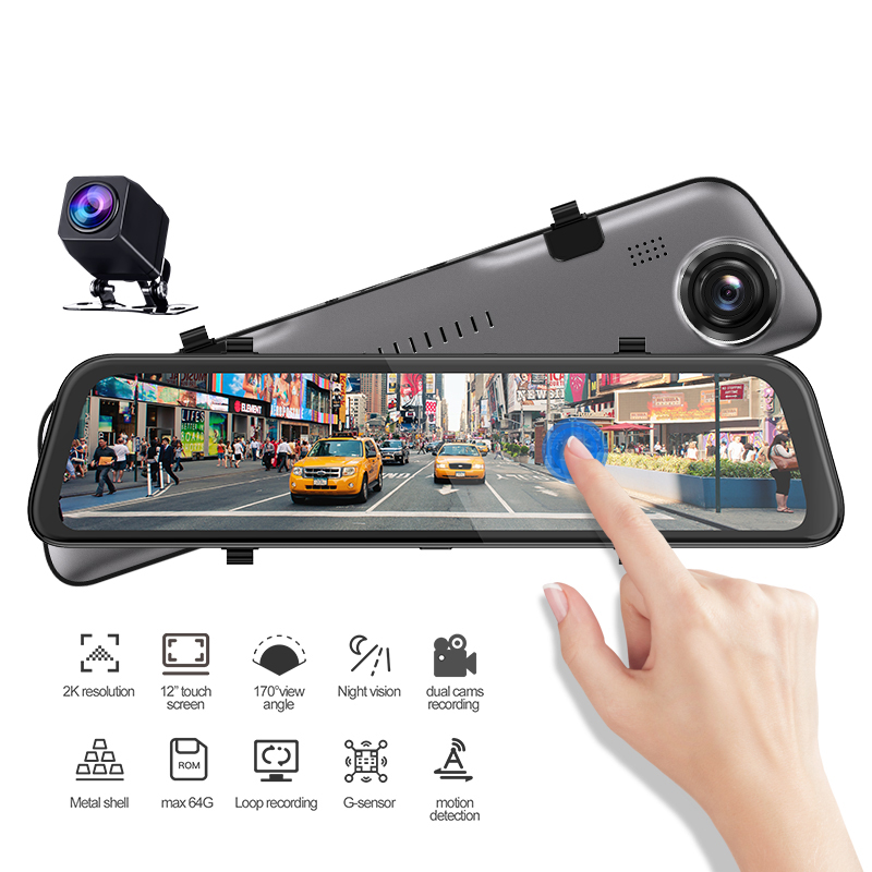 12 Inch 1440P 64G Card 2K Dash Camera Loop Recording Motion Detection