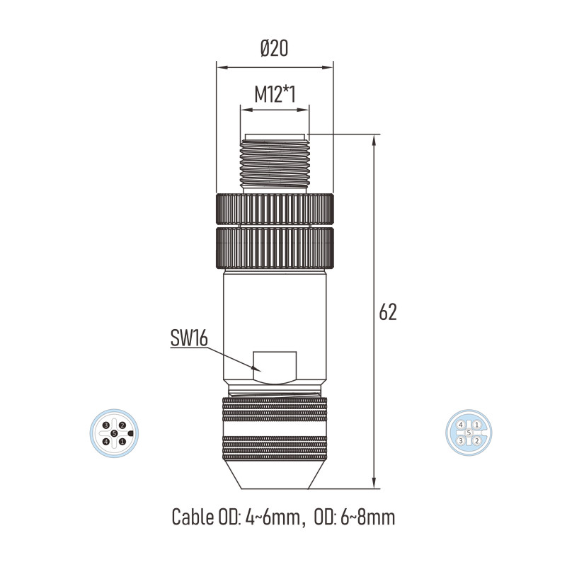 Male M12 Field Wireable Connector 5 Pin EMI Shielded PG7 Cable Outlet