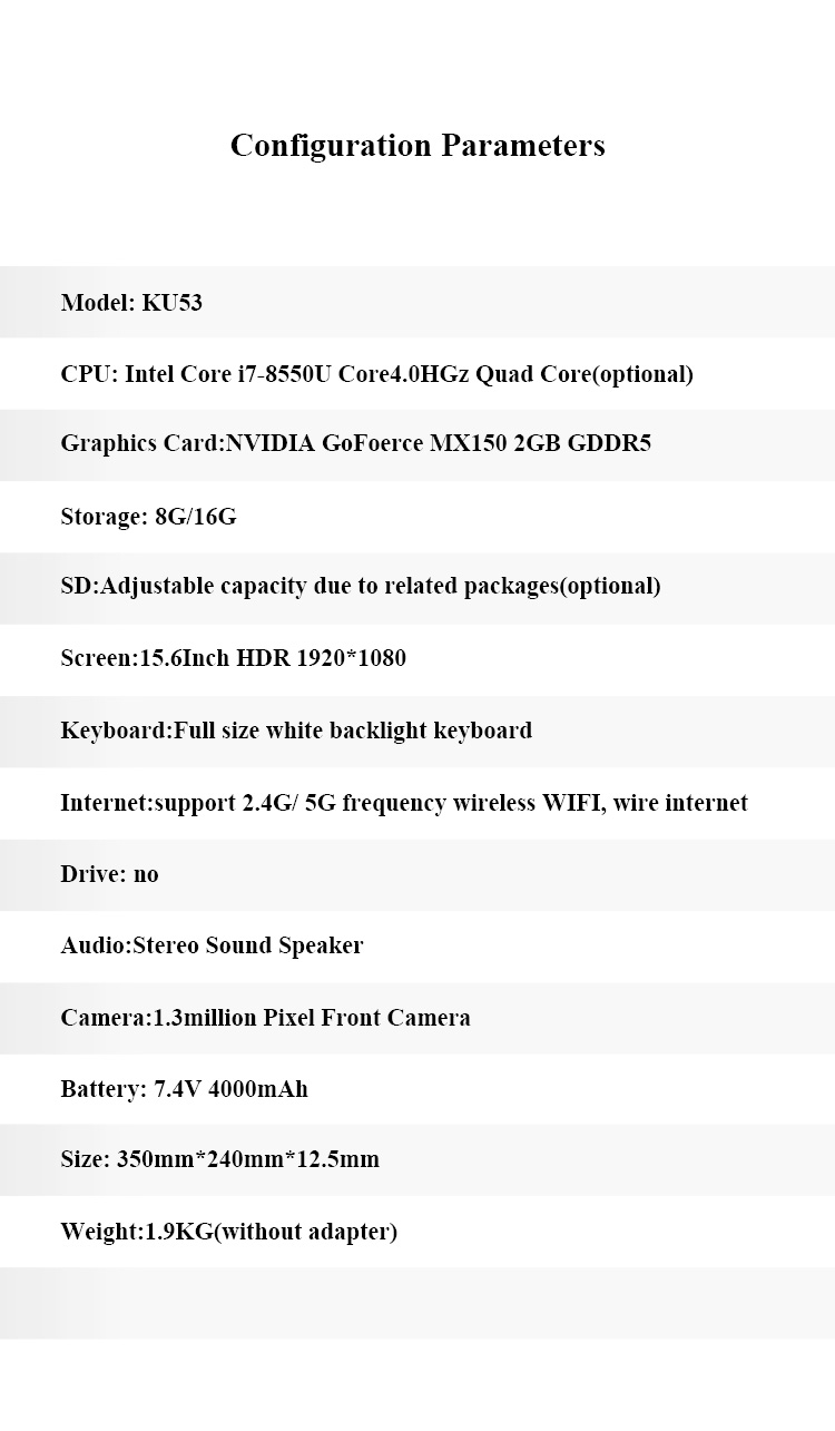 15.6 Inch Business Ultra Thin Laptop Slim Gaming Notebook Win 10 Core I7 8GB