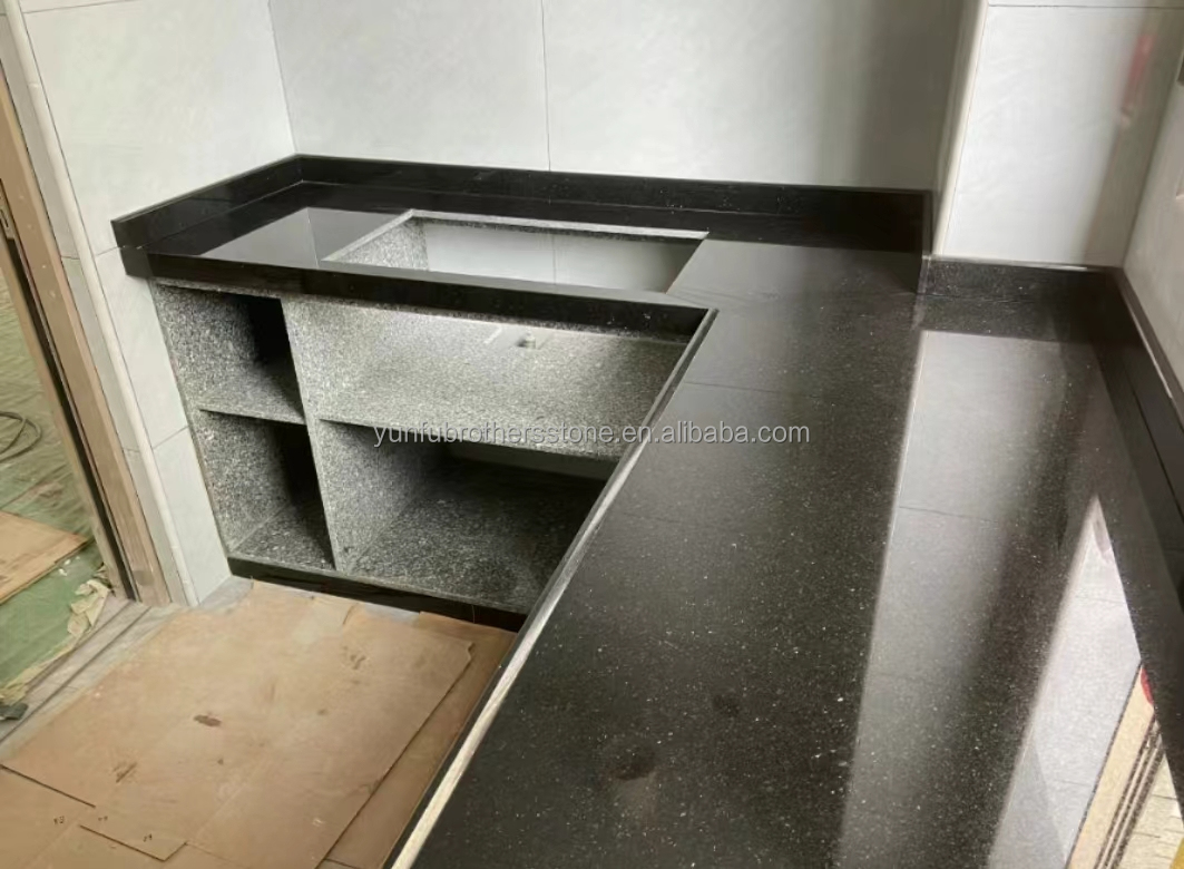 Hotel Kitchen Countertop and Stairs Cut-To-Size Indian Black Star Galaxy Granite Slabs