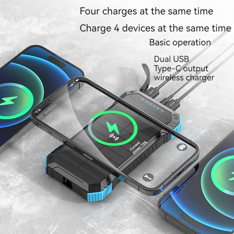 Outdoor Power Bank for iPhone 15 15W Wireless Output 22.5W Solar Charging and 3A Output