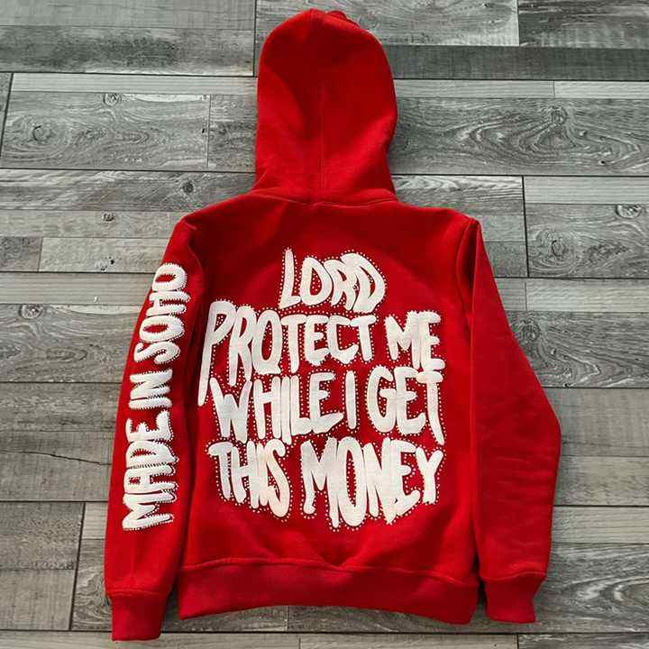 Custom Streetwear 100% Cotton Heavyweight Full Face Zip Up Rhinestone 3d Puff Printing Hoodies