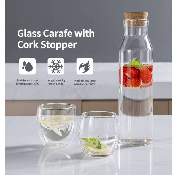 IKOO Carafe with Cork Stopper – Elegant Ultra Clear Glass Carafe For Wine, Water, Juice, Milk, Coffee, Iced Tea – Wide Mouth Carafe For Restaurants &