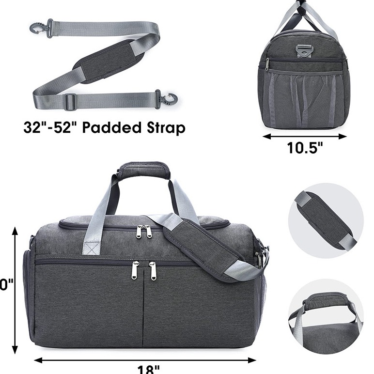 18" Gym Anti Theft Travel Bag Duffle Bag With Shoe Compartment Wet Pocket