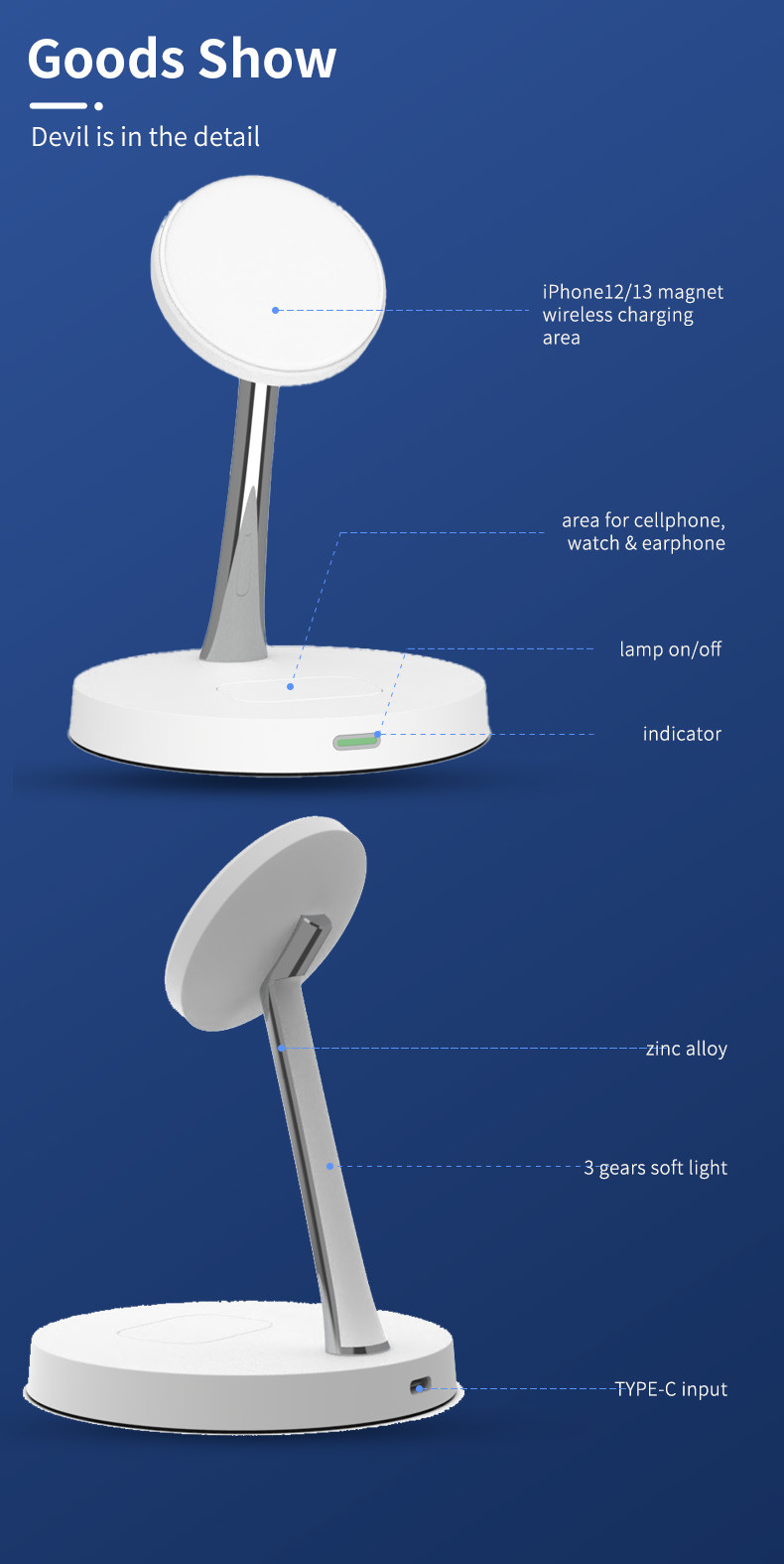 Multifunctional TYPE C Wireless Charger White/Black 15W CE/FCC/RoHS Universal PD/QC Input