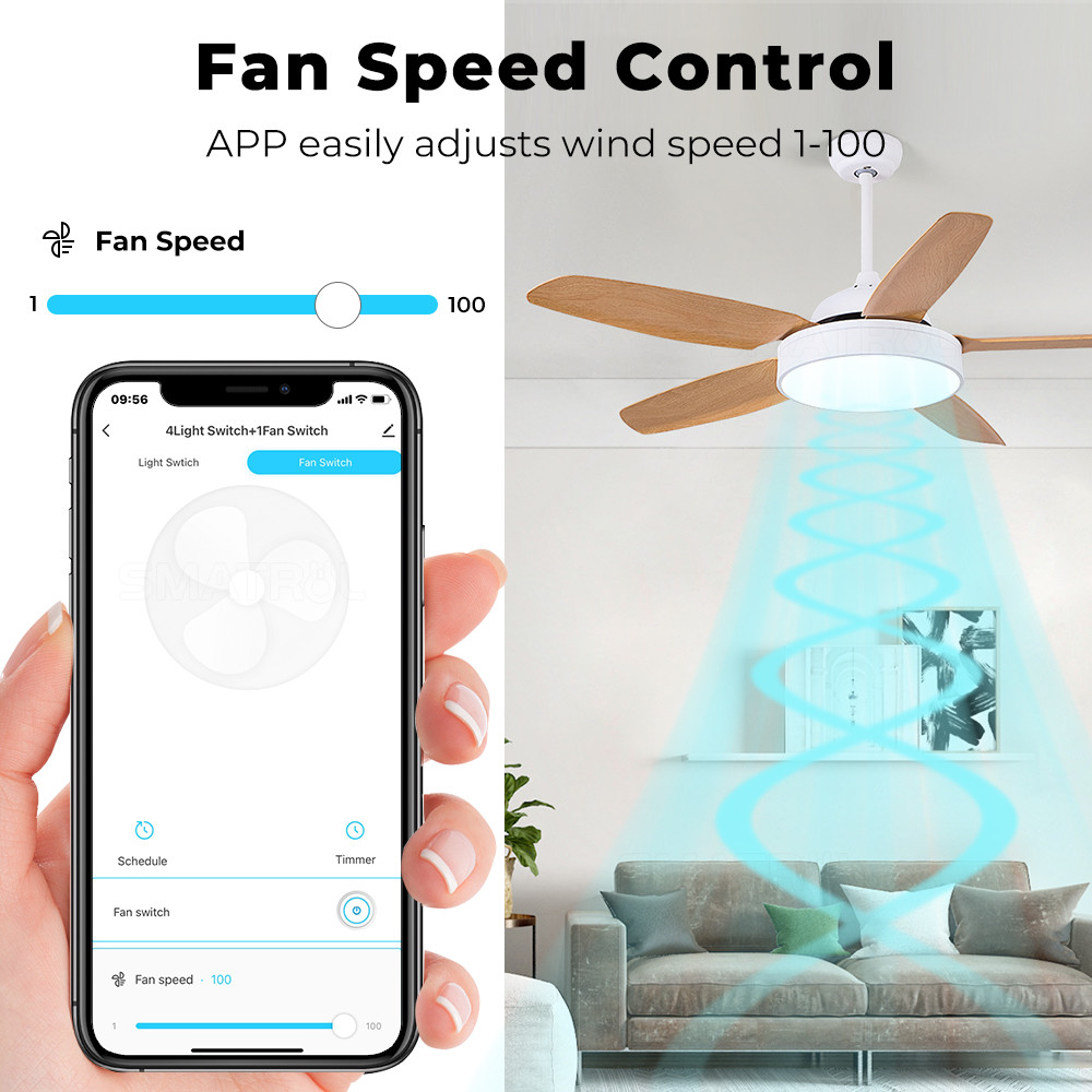 Tuya WiFi Smart Light 4 gang Switch Ceiling Fan Speed Control​​ Timer Voice Power Monitor Support Alexa Google Home Tmall Genie 100-240V