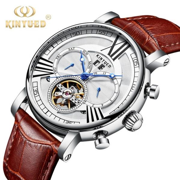 Brown Genuine Leather Luxury White Dial Automatic Movement Mens Waterproof