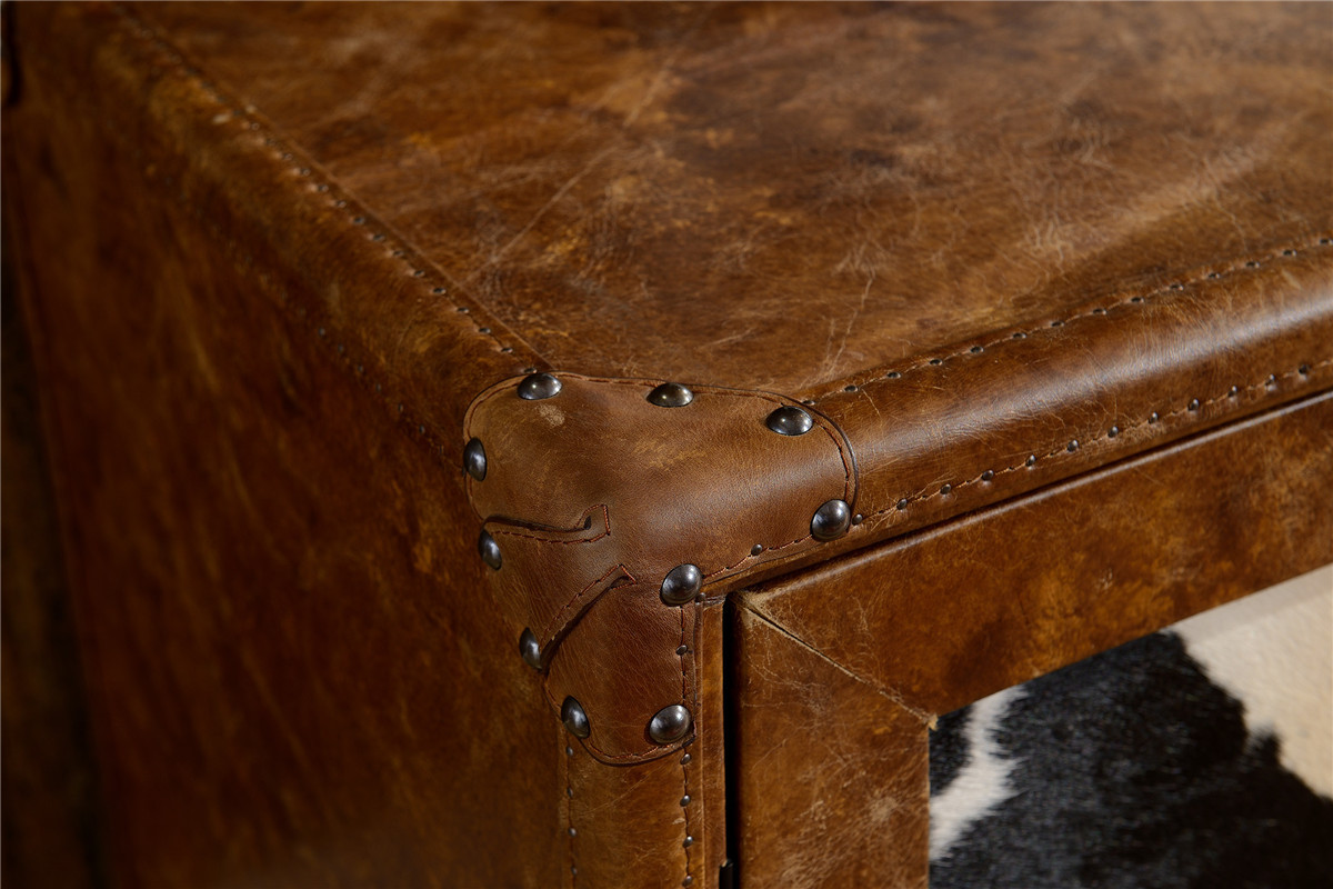 Full Handwork Craft Brown Leather TV Stand Cow Leather Fur Cover Brass Nails Decoration