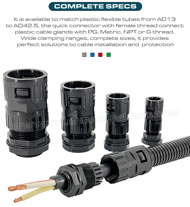 Internally Threaded Straight Connectors (Tube Connectors) Nylon 6 Black Connecting Flexible Tubes AD10~AD42.5 & Metric/PG Cable Glands for Cable