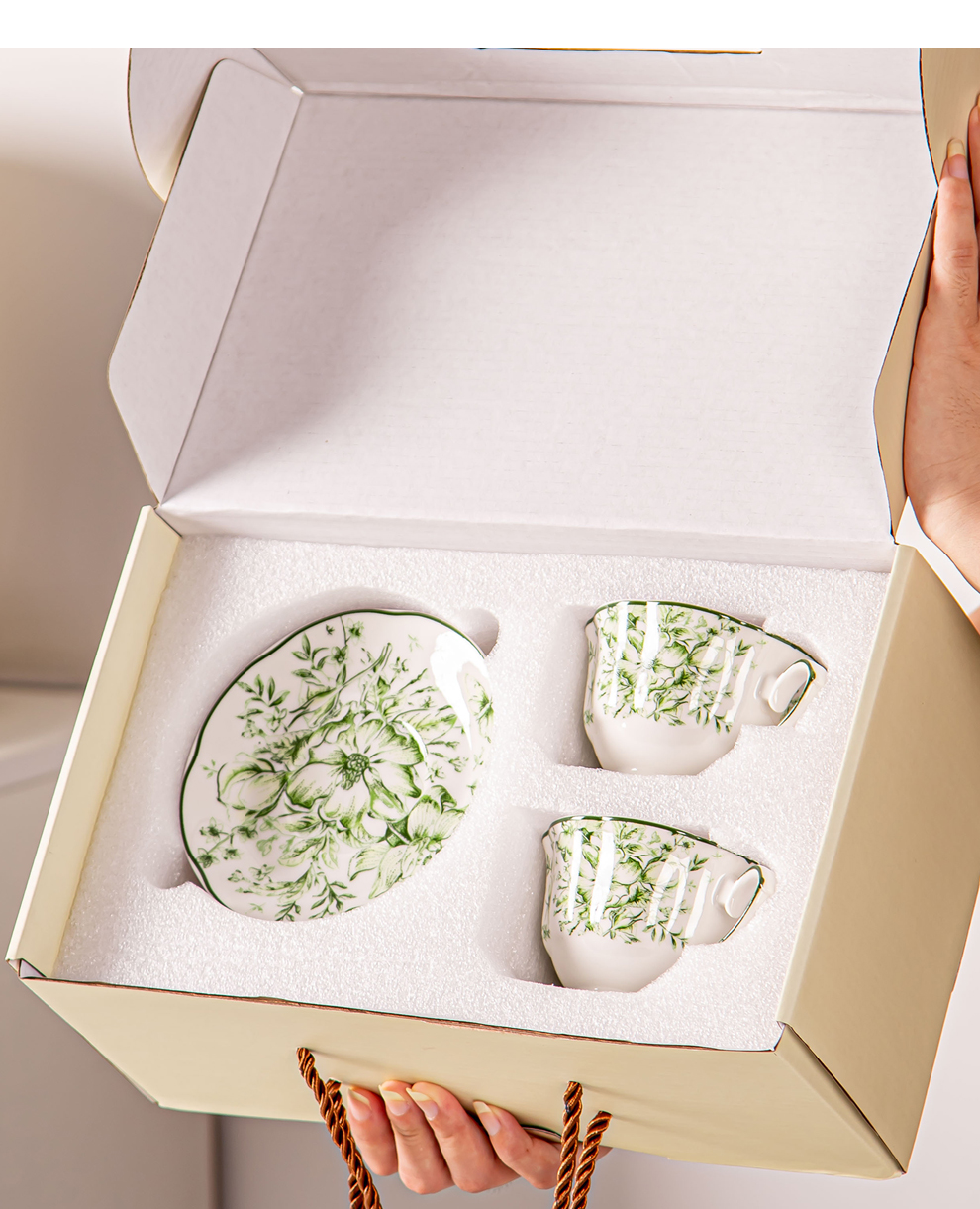 Business Gifts Occasion Ceramic Green Floral Bone Tea Cup Set With Saucer And Coffee Mug
