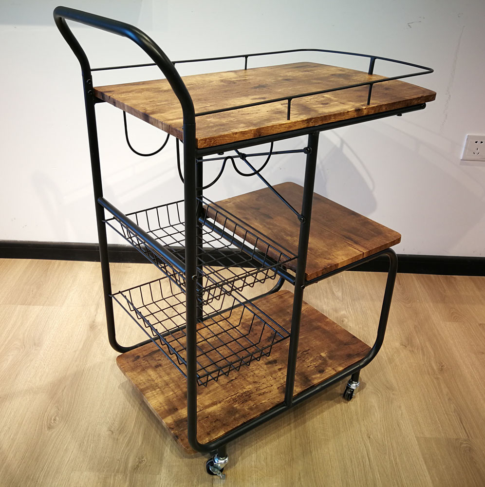 Metal Frame MDF Wood Modern Kitchen Cart Rolling Serving Cart 3 Tier