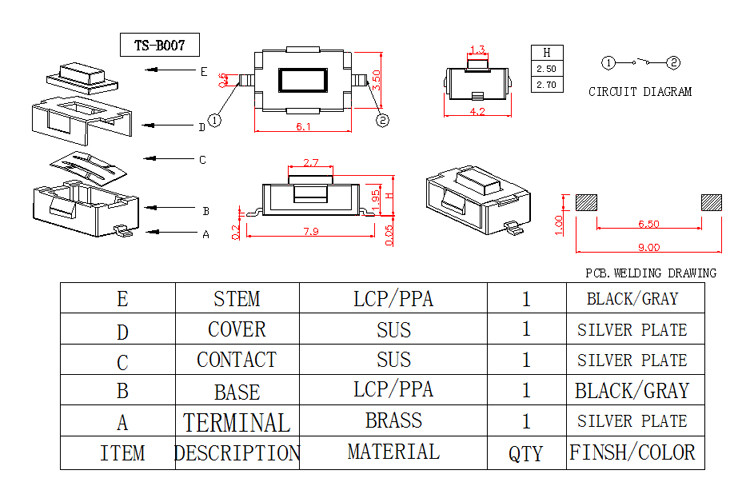 Direct Press SMD Tactile Switch Momentary Red Button Surface Mount In PCB