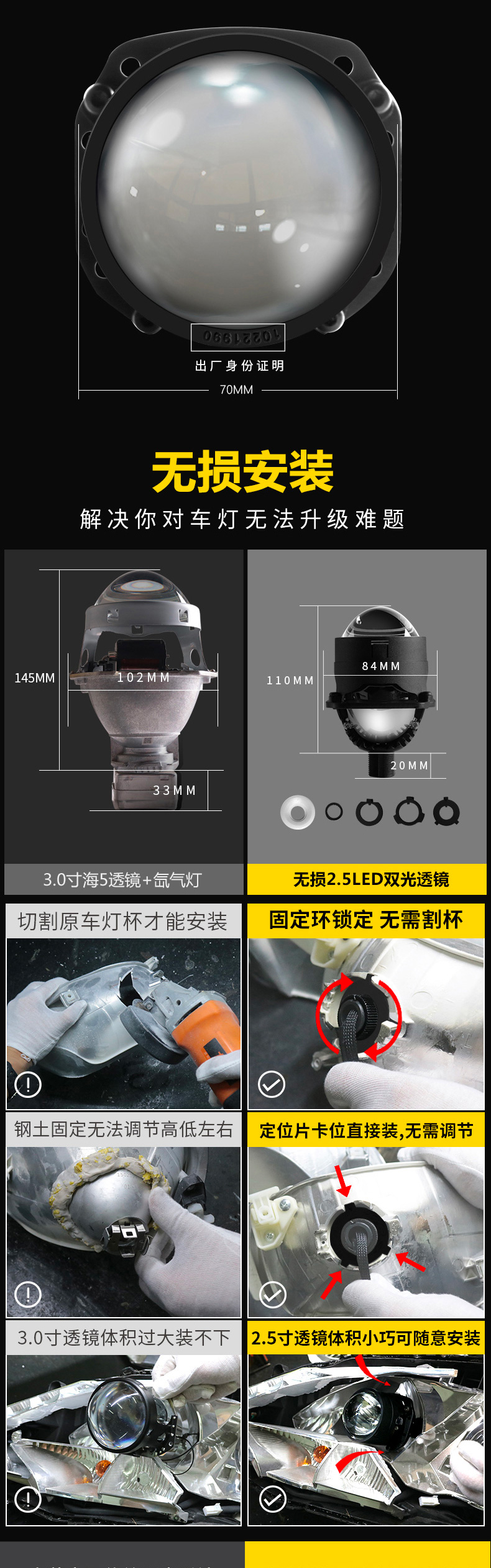 ETClite 16000Lm Super Bright Canbus Projector Led Lens 2.5 inch Led Headlight Bulbs 150W Hi Car Light
