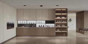 China Steel Handleless Lacquer PVC Kitchen Cabinet With Big Island For Restaurant wholesale