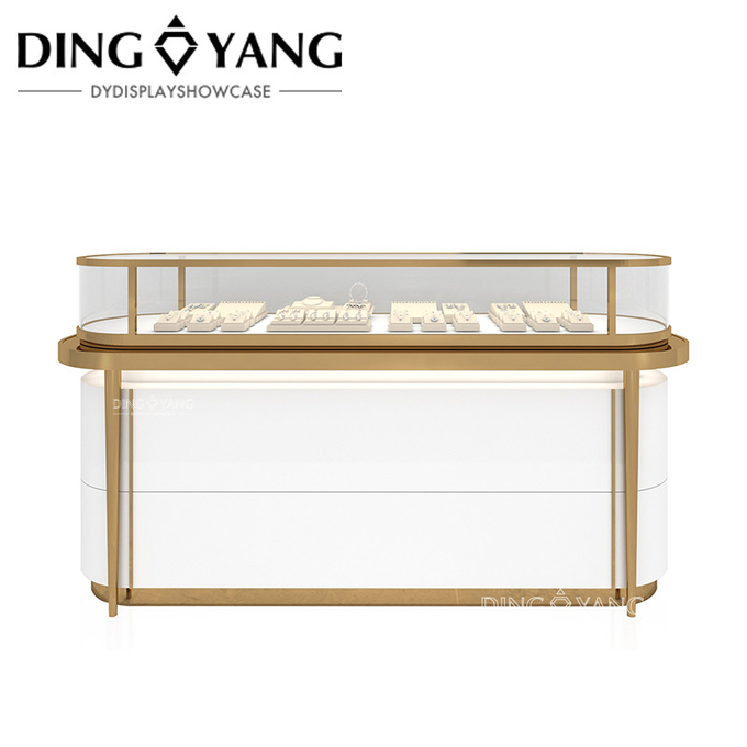 High End Large Jewelry Display Case For Jewelry Store, Golden Hairline Stainless Steel And Ultra-Clear Tempered Glass