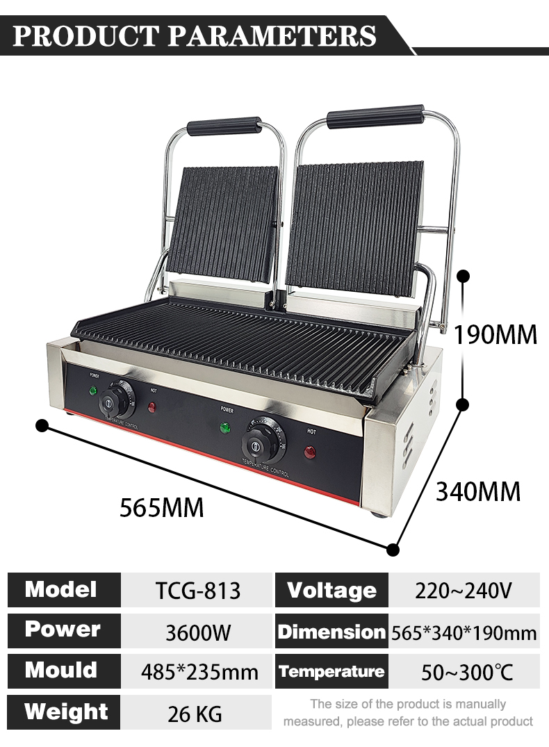 Commercial Full Grooved Electric Grill with Non-stick Cast Iron Panini Burger Press