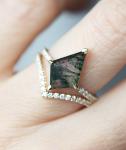 Large Hexagon Moss Agate Statement Wedding Cluster Ring Set