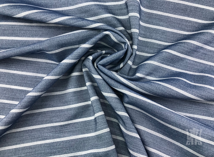 180gsm Blue And White Stripe Fabric Viscose Rayon Yarn Dyed TR Type