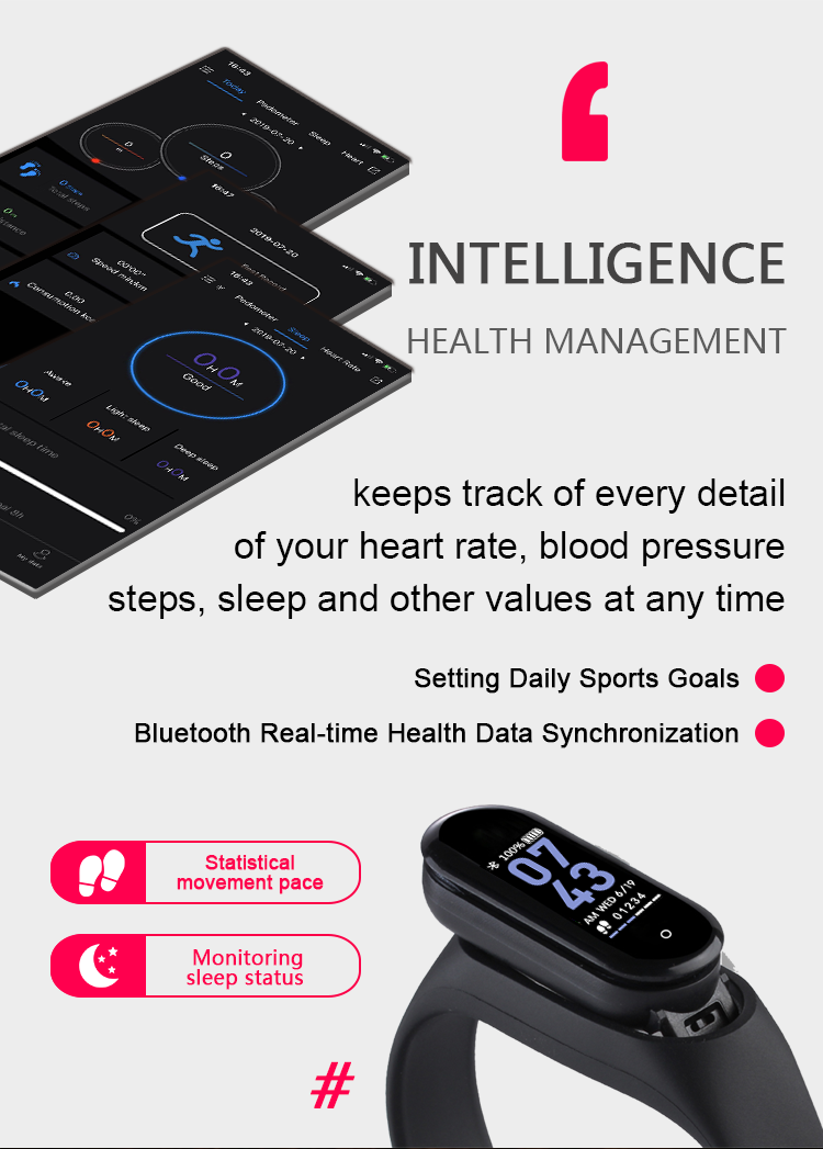 Low-Power Body Temperature Heart Rate Sports Bracelet Single Touch M4 For Xiaomi Smart Watch