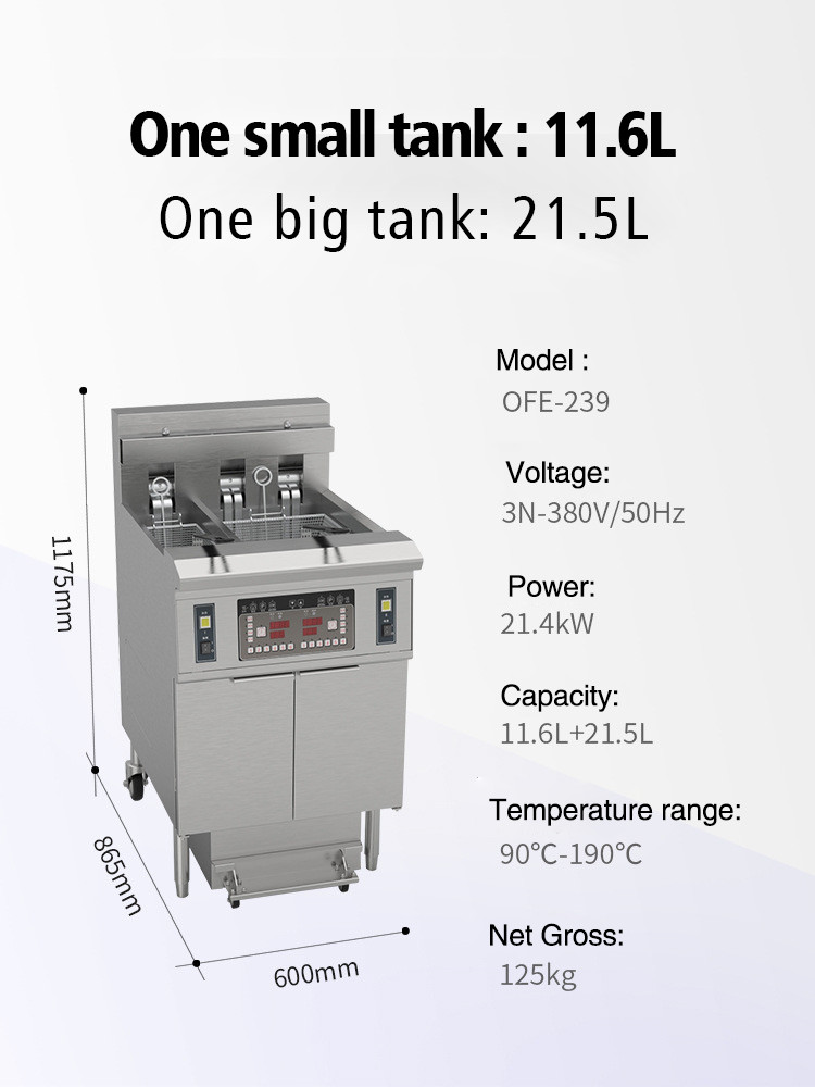 electric two pots 3 baskets 21.5L+11.6L with oil filter system chips open deep fryer
