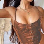PU Low Cut Short Cropped Cami Tank Top Front Buckle Design