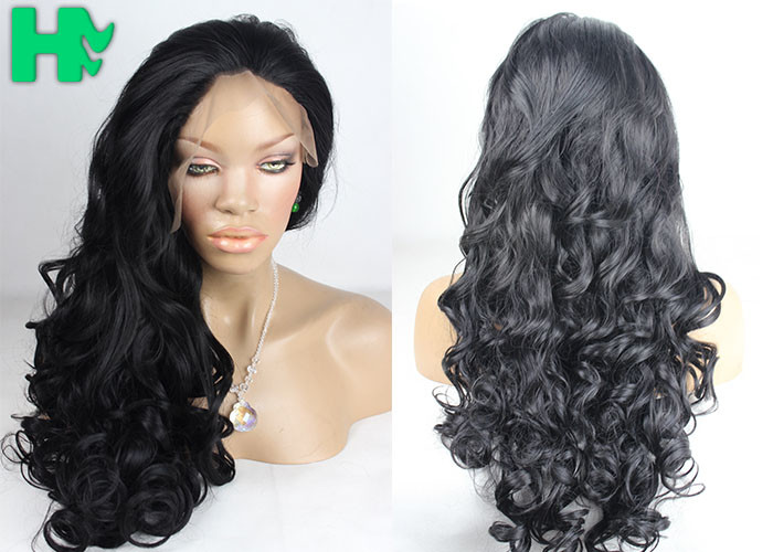 Long Black Color Curly Front Lace Wig , Full Lace Synthetic Wigs For Black Women