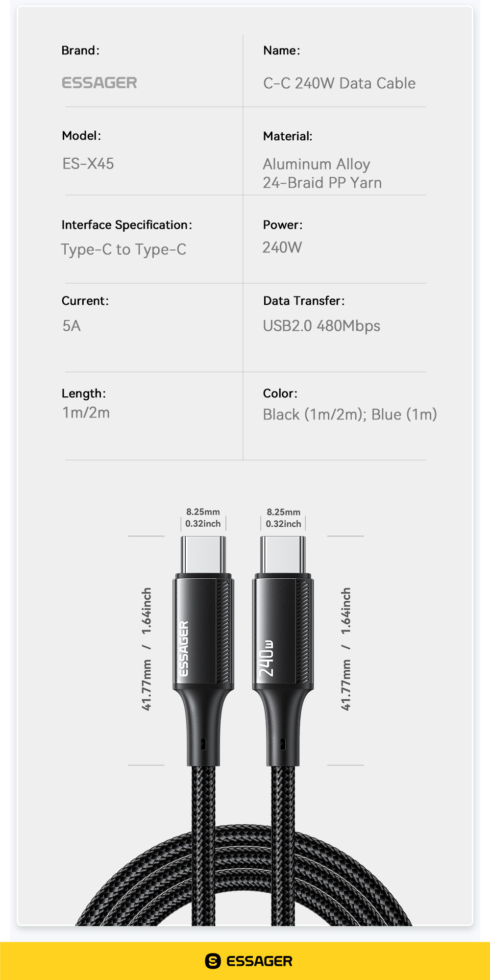 ESSAGER ES-X45 Series Quick Charge 240W USB C to USB C Cord