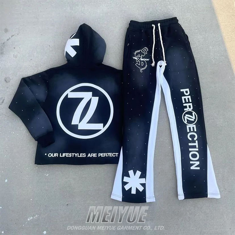 Cropped Raw Hem Hoodies And Jogger Set Flare Leg Tracksuit 3d Puff Print Antistatic