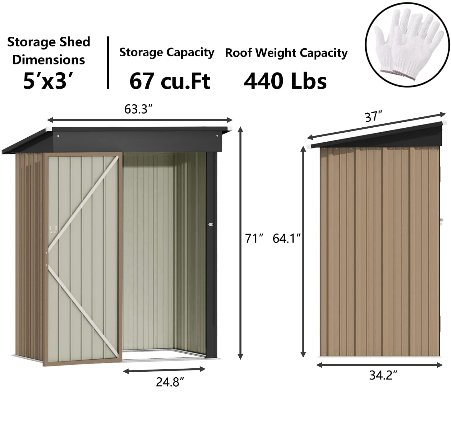 AJUNION Modern Design 5x3ft Metal Garden Shed Single Lockable Doors 61.2" Doors Height