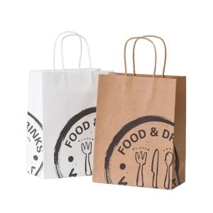 China Khaki White Food Takeaway Kraft Paper Brown Shopping Bags With Handle Bulk wholesale