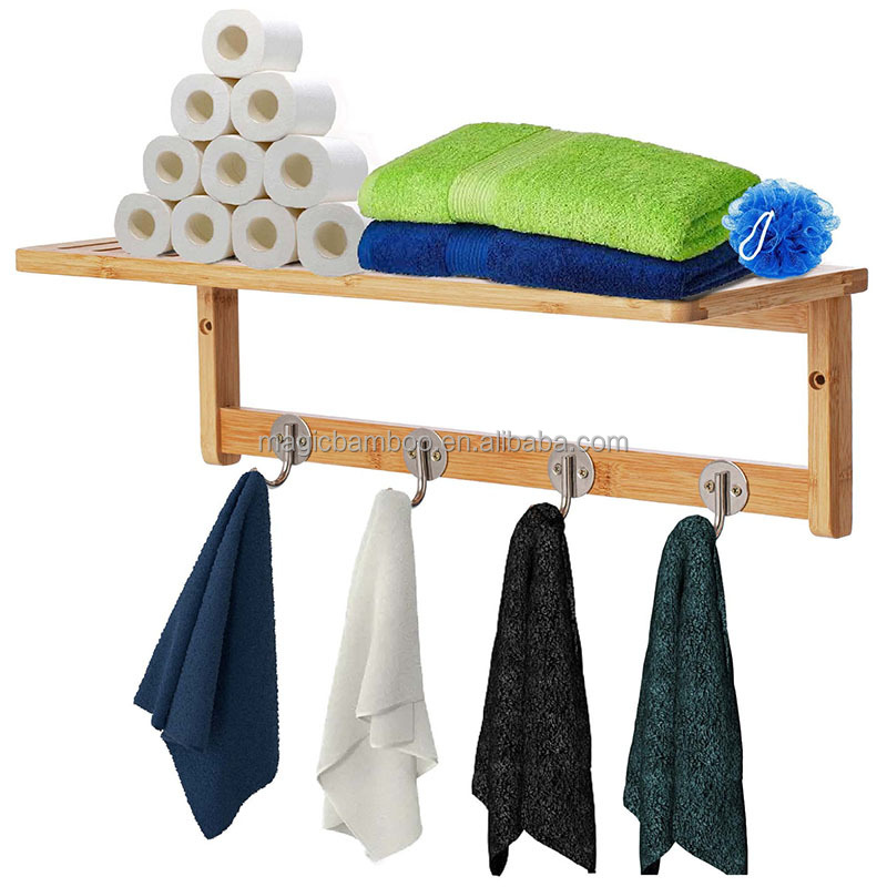 Modern and Functional Solid Bamboo Wooden Bathroom Shelf with 4 Stainless Steel Hooks